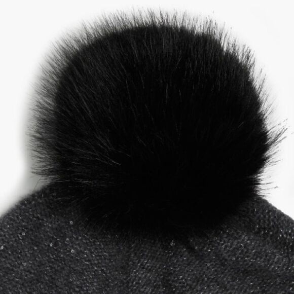 Sofia Cashmere Sequin 100% Cashmere Beanie with Faux Fur Pompom Gray/Black, NWT - Picture 7 of 14